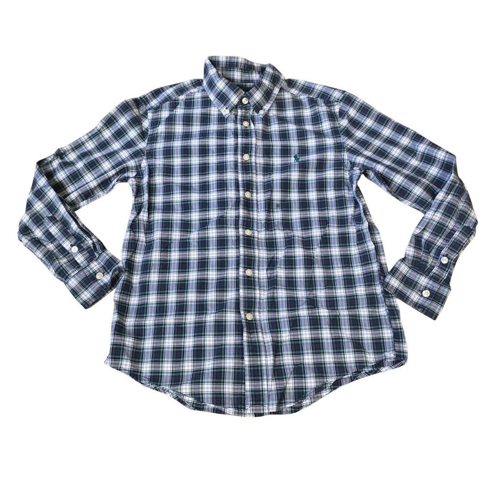 Ralph Lauren Kids Boys Plaid Button Down Shirt Navy Green White Size M 10-12
